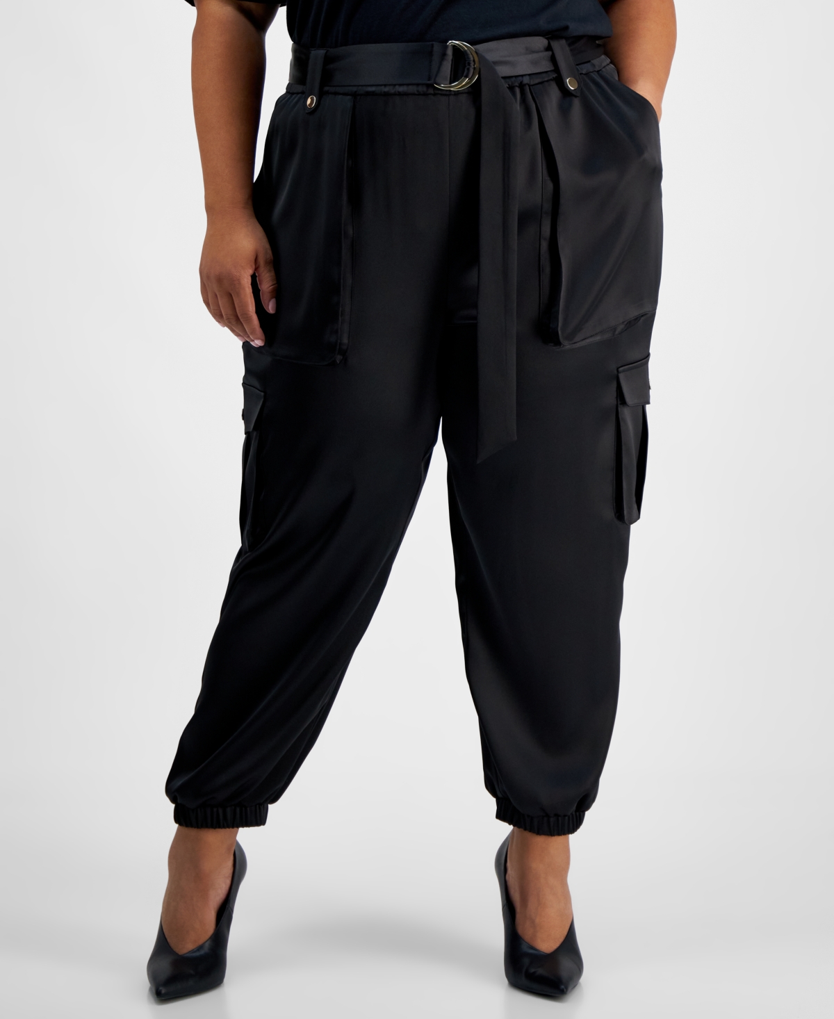 I.n.c. International Concepts Plus Size Belted High-Rise Satin Cargo Pants, Created for Macy's