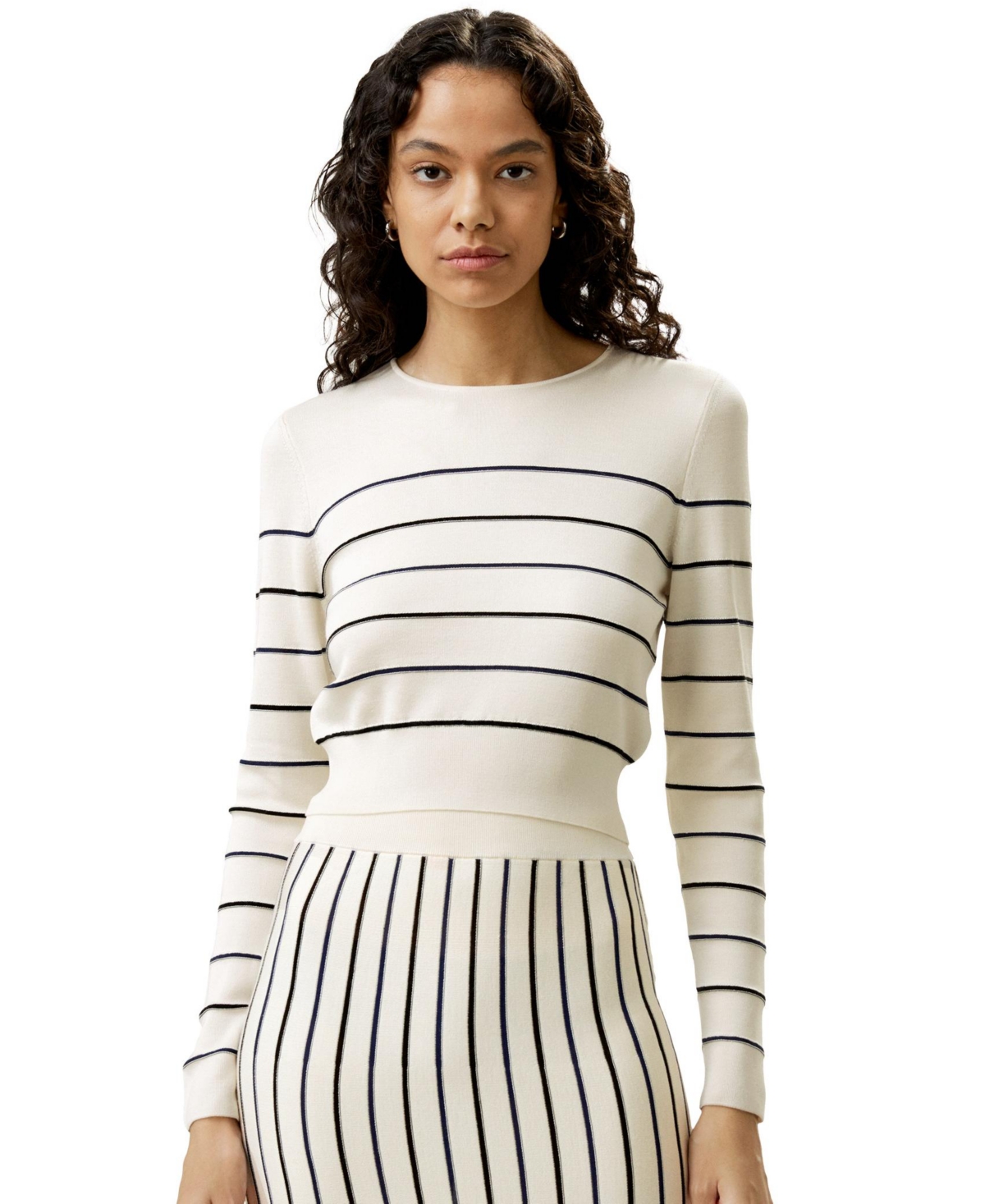 Cropped Silk-knitted Long Sleeve Tee for - White with stripes