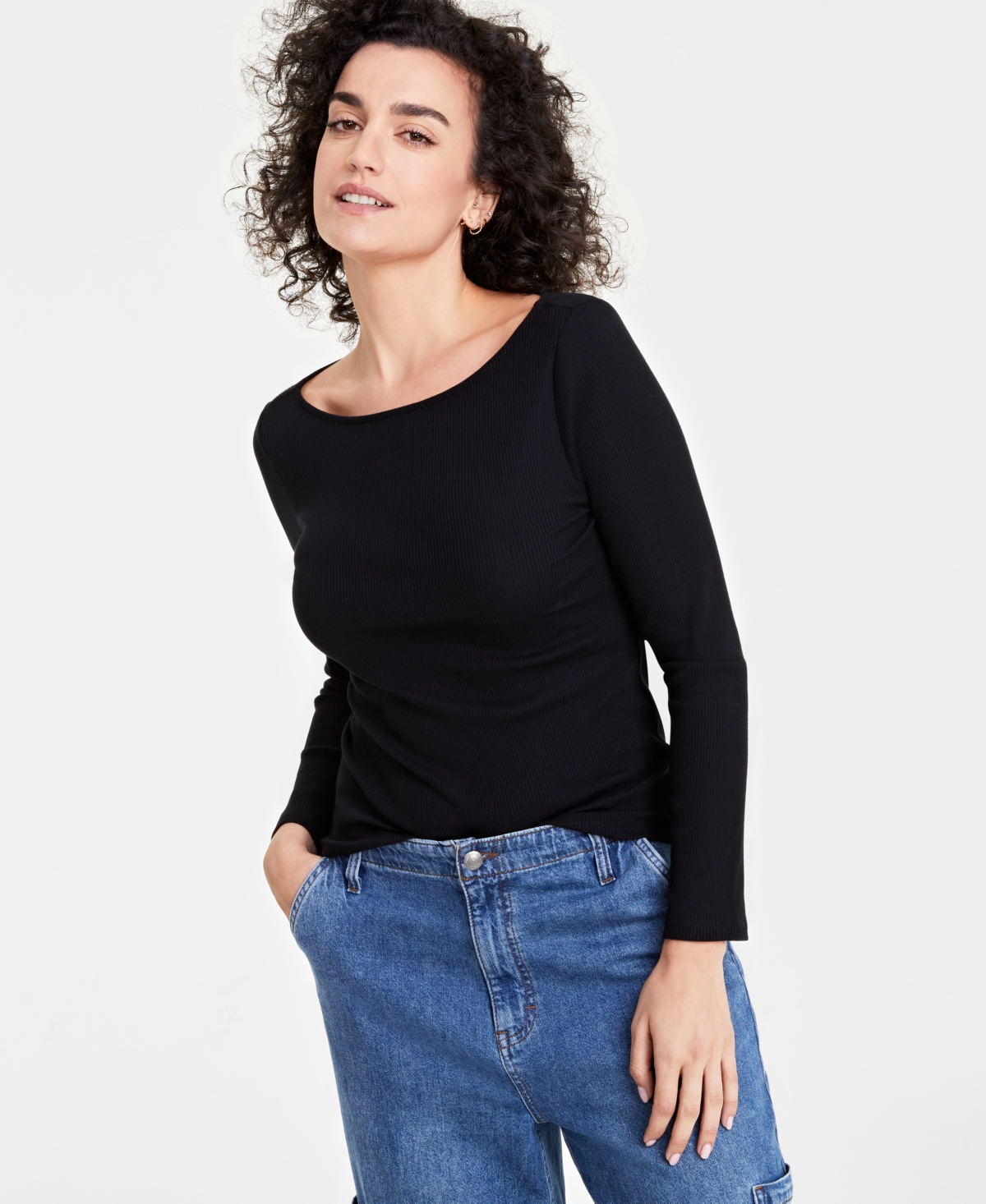 On 34th Women's Long-sleeve Boatneck Ribbed Top, Created For Macy's In Deep Black
