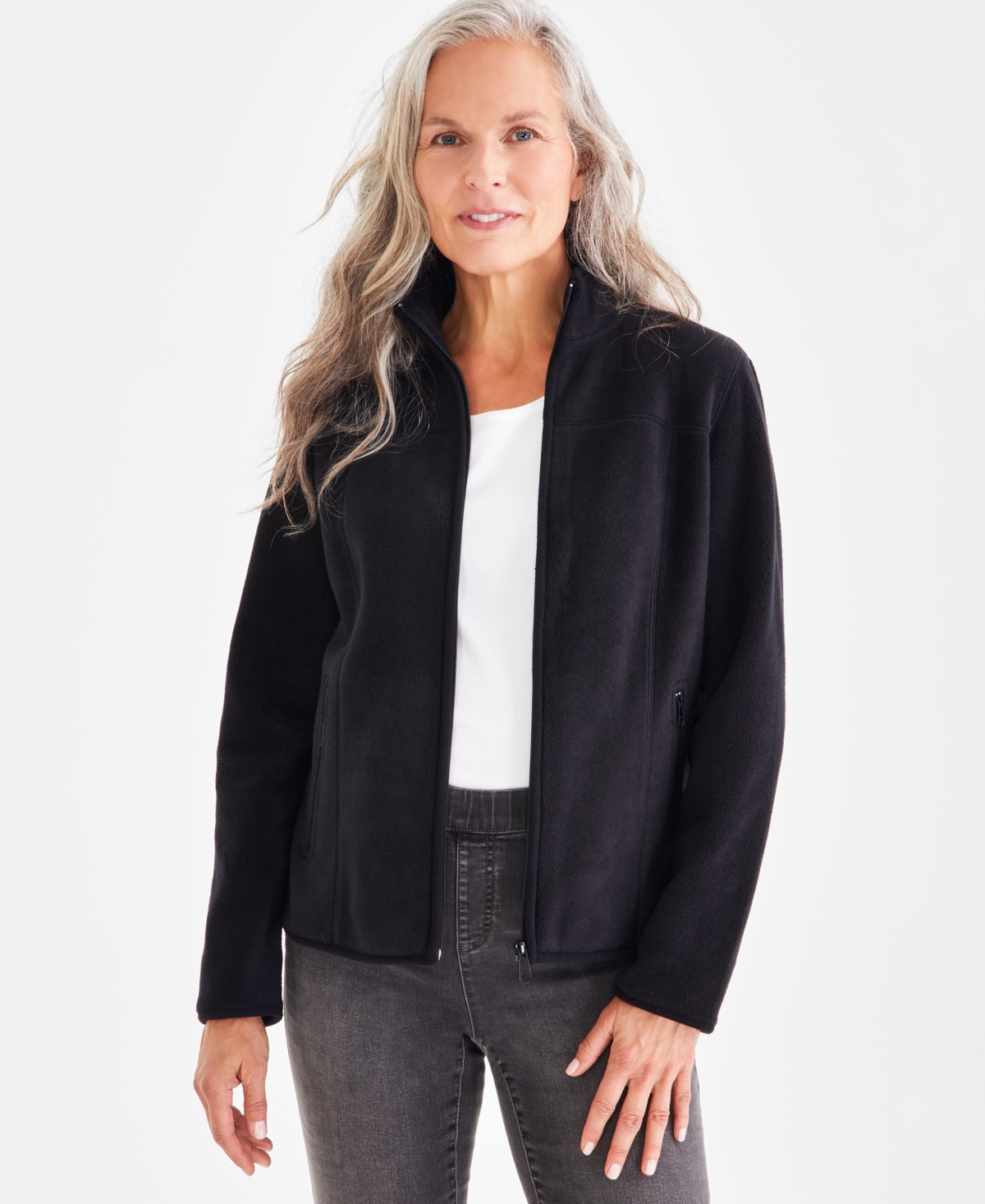 Style & Co Women's Polar Fleece Mock-neck Jacket, Created For Macy's In Deep Black