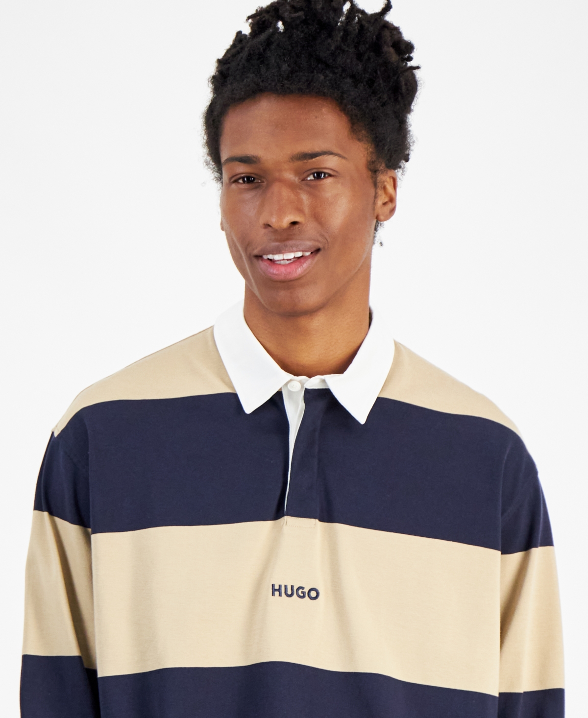 Hugo by Hugo Boss Men's Stripe Rugby Shirt -Beige/White