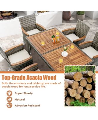 7PCS Outdoor Dining Set Patio Acacia Wood and Rattan Furniture Set w/ Cushions