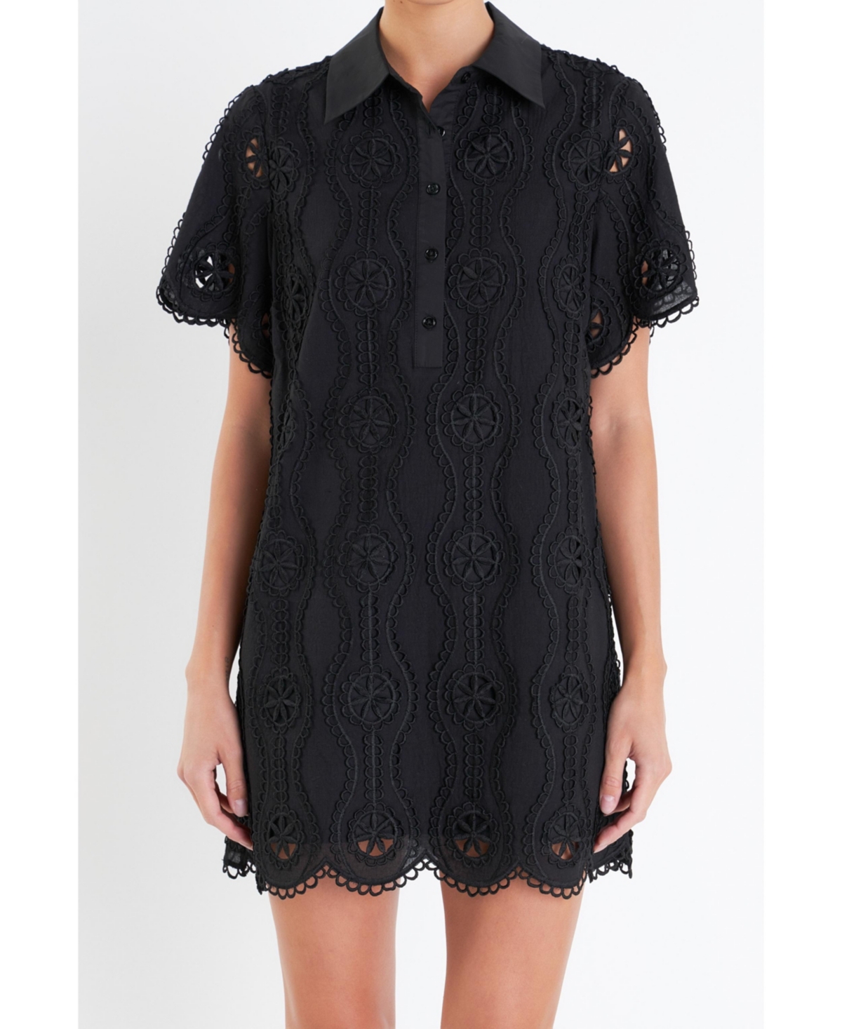 Women's Scallop Embroidered Cotton Mini Shirt Dress - Black