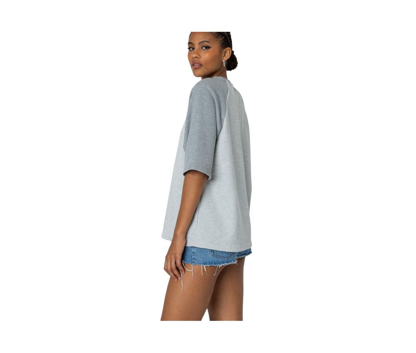 Женская футболка Edikted Oversized Raglan Waffle, цвет: Серый — фото 4
