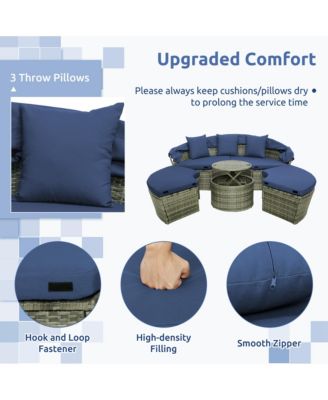 Patio Rattan Daybed Outdoor Sectional Seating with Side Table & Retractable Canopy