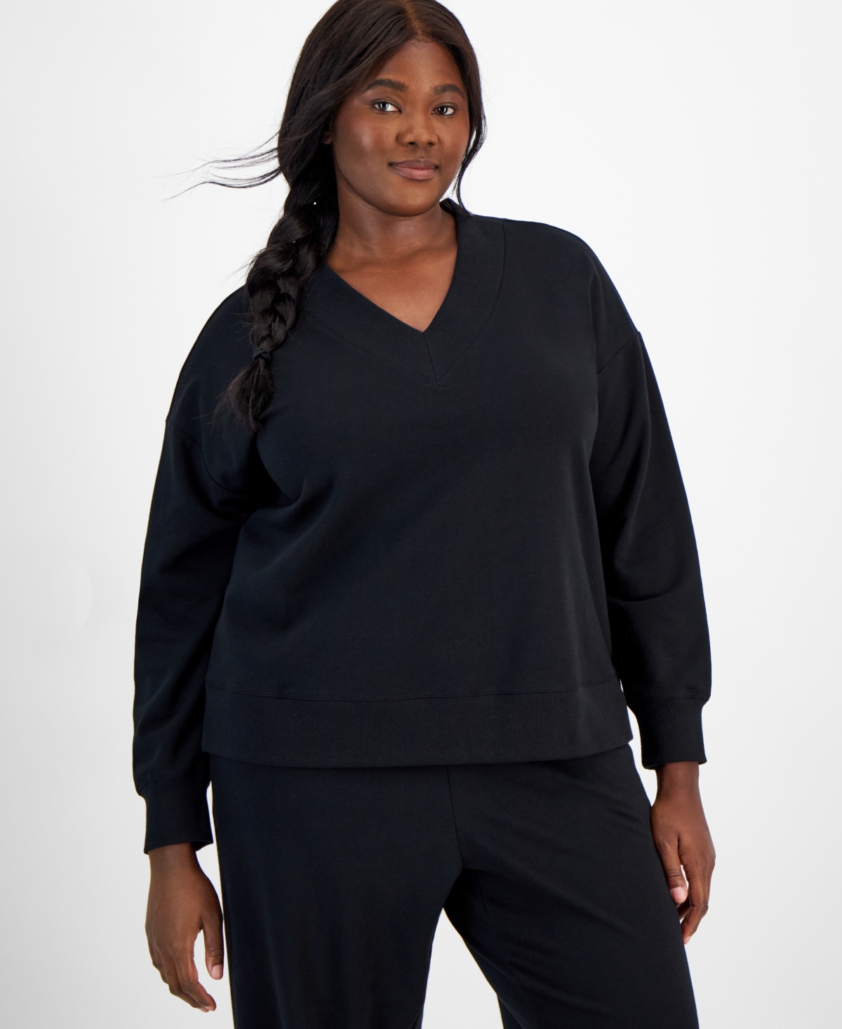 Id Ideology Plus Size V-neck Fleece Sweatshirt, Created For Macy's In Deep Black