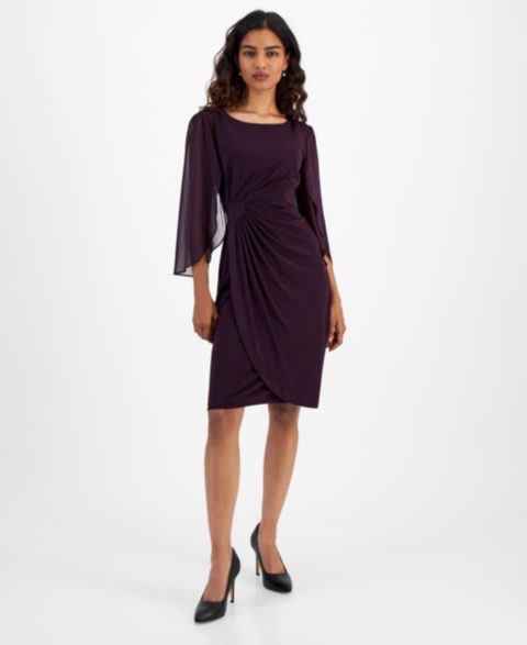 Женское платье Connected Petite Chiffon Cape-Sleeve Sheath, цвет: Баклажановый