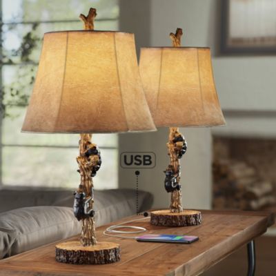 Climbing Bears 22 1/2" High Small Rustic Style Accent Table Lamps Set of 2 USB Port Brown Wood Finish Charging
