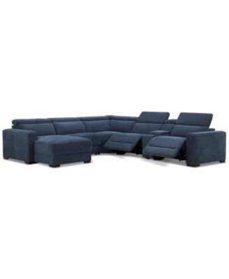 Nevio 6-Pc. Fabric Power Headrest Sectional with Chaise & Console and 2 Power Motion Chairs