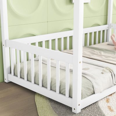 Twin Size Canopy Frame Floor Bed with Fence, Guardrails