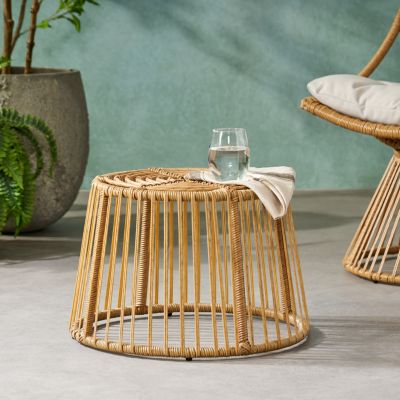 Earthy Boho Wicker Rattan Cage Side Table for Outdoor Decor
