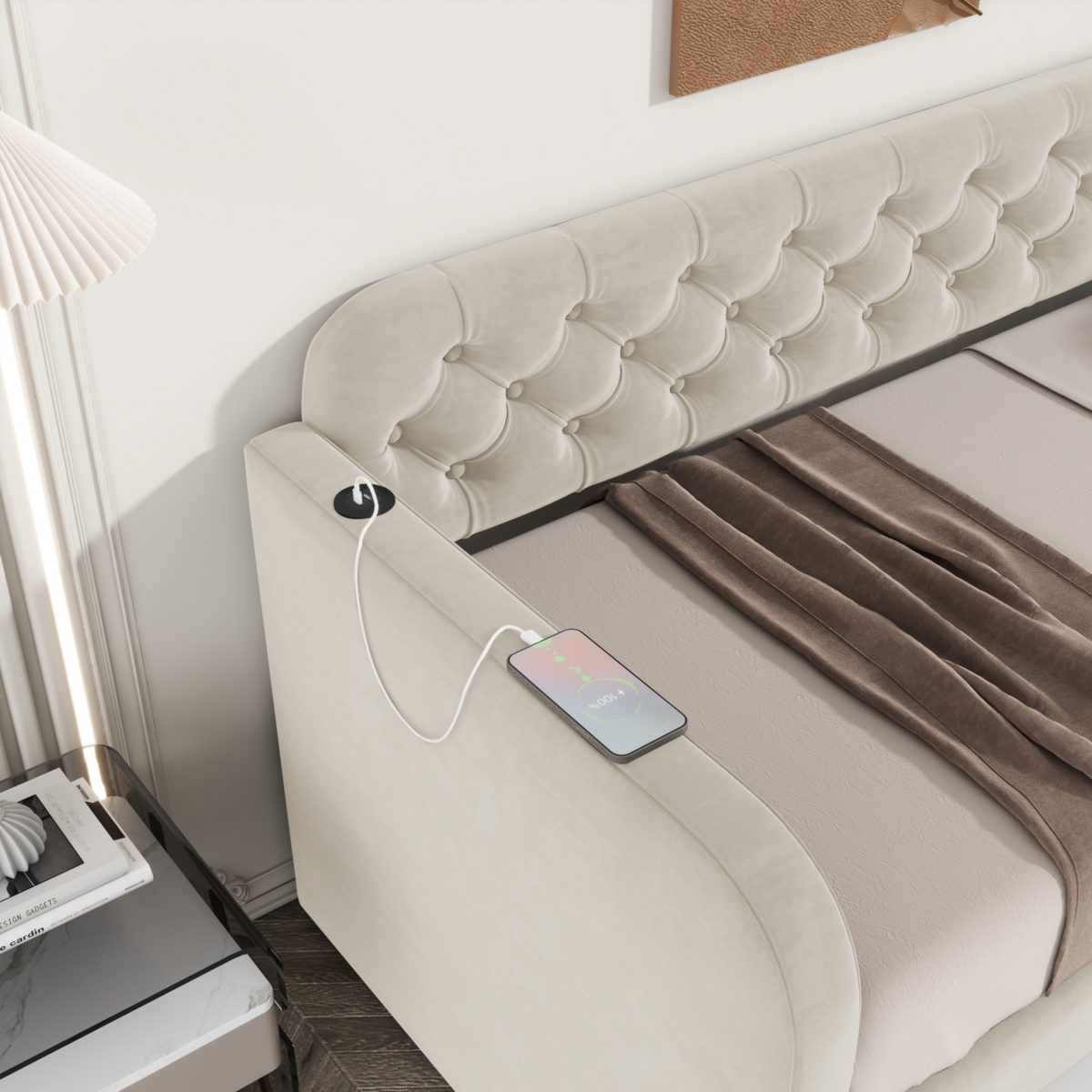 Streamdale Furniture Size Upholstered Daybed with Trundle and Usb Charging Design, Velvet Upholstered Daybed Frame, Sofa Bed for Living Room