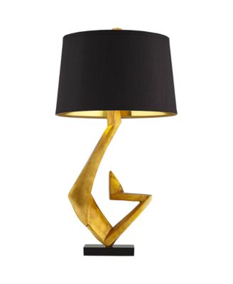 Zeus Modern Mid Century Table Lamp 28 1/2" Tall Sculptural Gold Leaf Metal Black Drum Shade Bedroom Living Room Bedside Nightstand