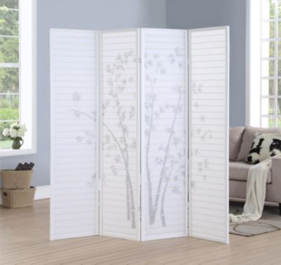 Bamboo Print 4-Panel Framed Room Screen/Divider, White