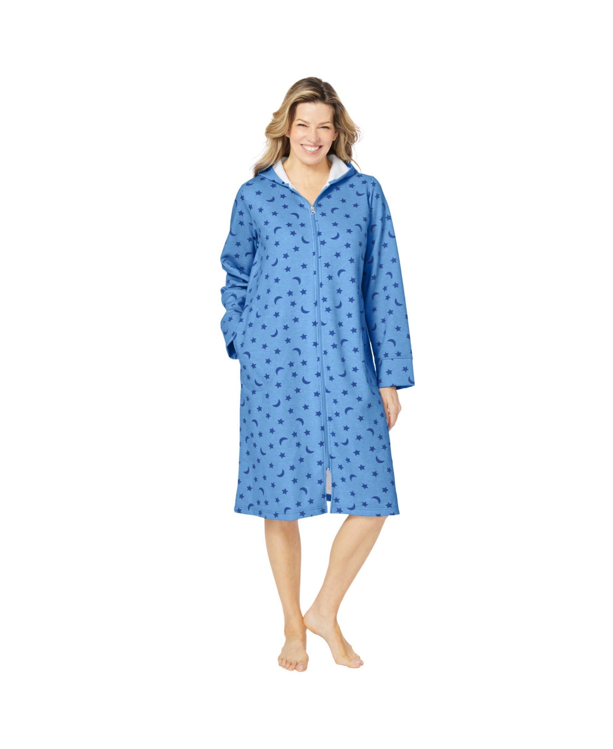 Women's Plus Size Short Hooded Sweatshirt Robe - French blue star moon