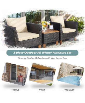 3PCS Patio Furniture Set Conversation Bistro Set w/ Acacia Wood & Cushions Beige