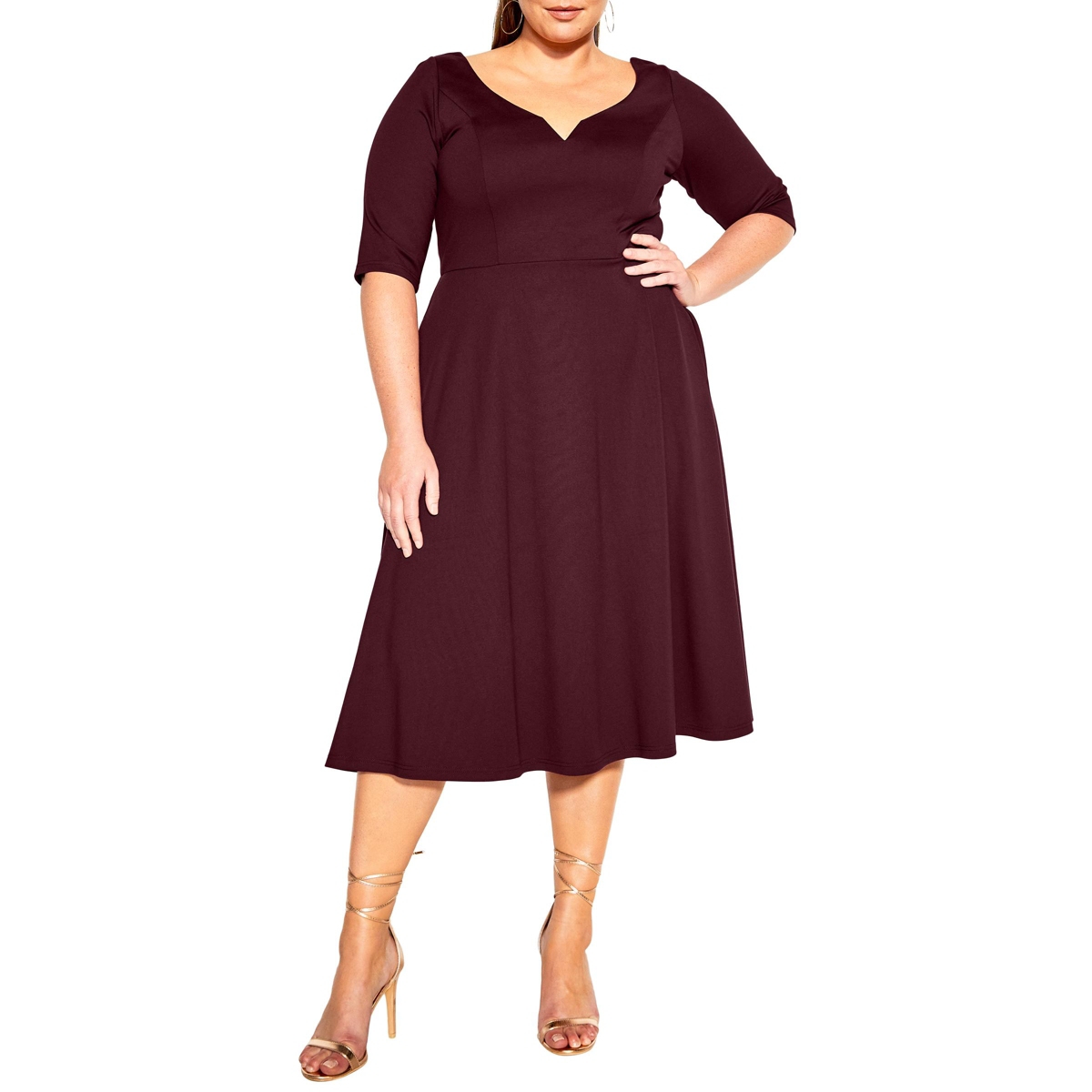 Plus Size Cute Girl Elbow Sleeve Dress - Ox blood