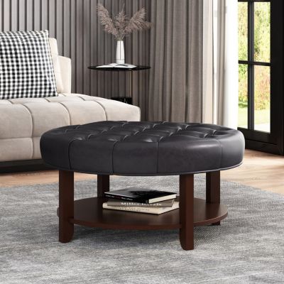 Contemporary Faux Leather Tufted Ottoman with Open Shelf
