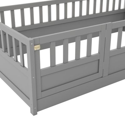 Streamdale Twin Floor Bed with Barrier and Door, Montessori Wooden Frame in Grey
