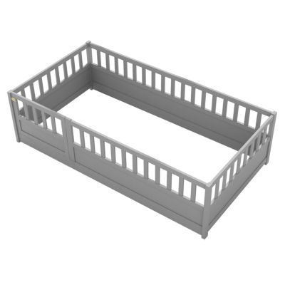 Streamdale Twin Floor Bed with Barrier and Door, Montessori Wooden Frame in Grey