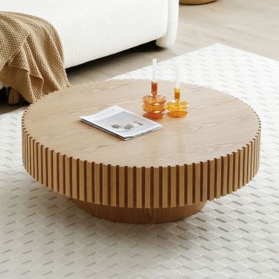 Streamdale Modern Round Wood Coffee Table with Handcrafted Relief (31.49)