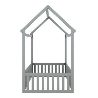 Streamdale Twin Size Wood House Bed with Fence and Door, Gray