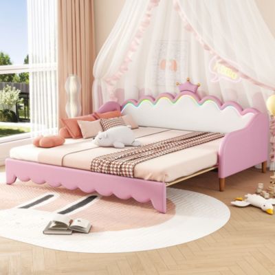  Extendable Princess Daybed with Crown Headboard and LED Lights