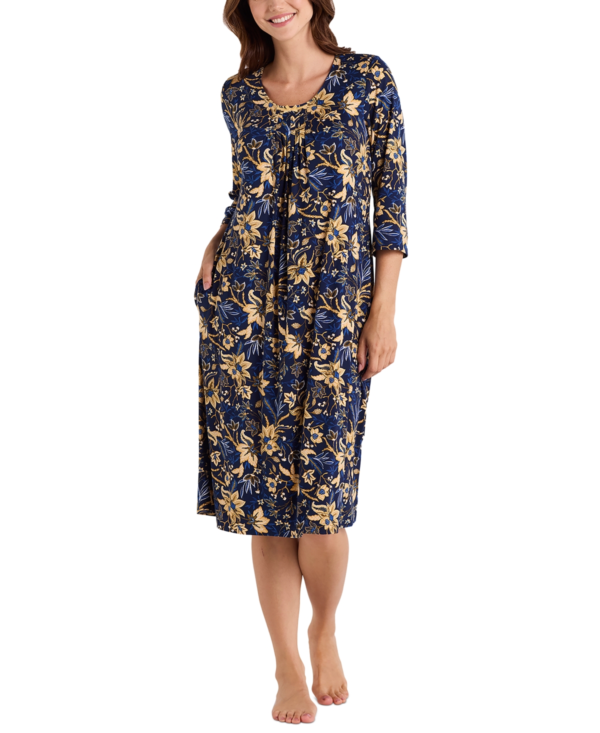 Women's Floral 3/4-Sleeve Nightgown - Navy Gold Print