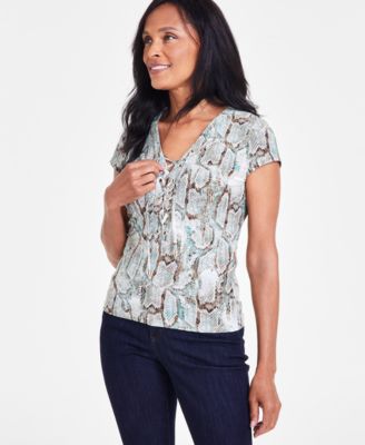 Top INC International Concepts – Sans Manches – Col V – Motif Paisley – Taille PL (Petite)