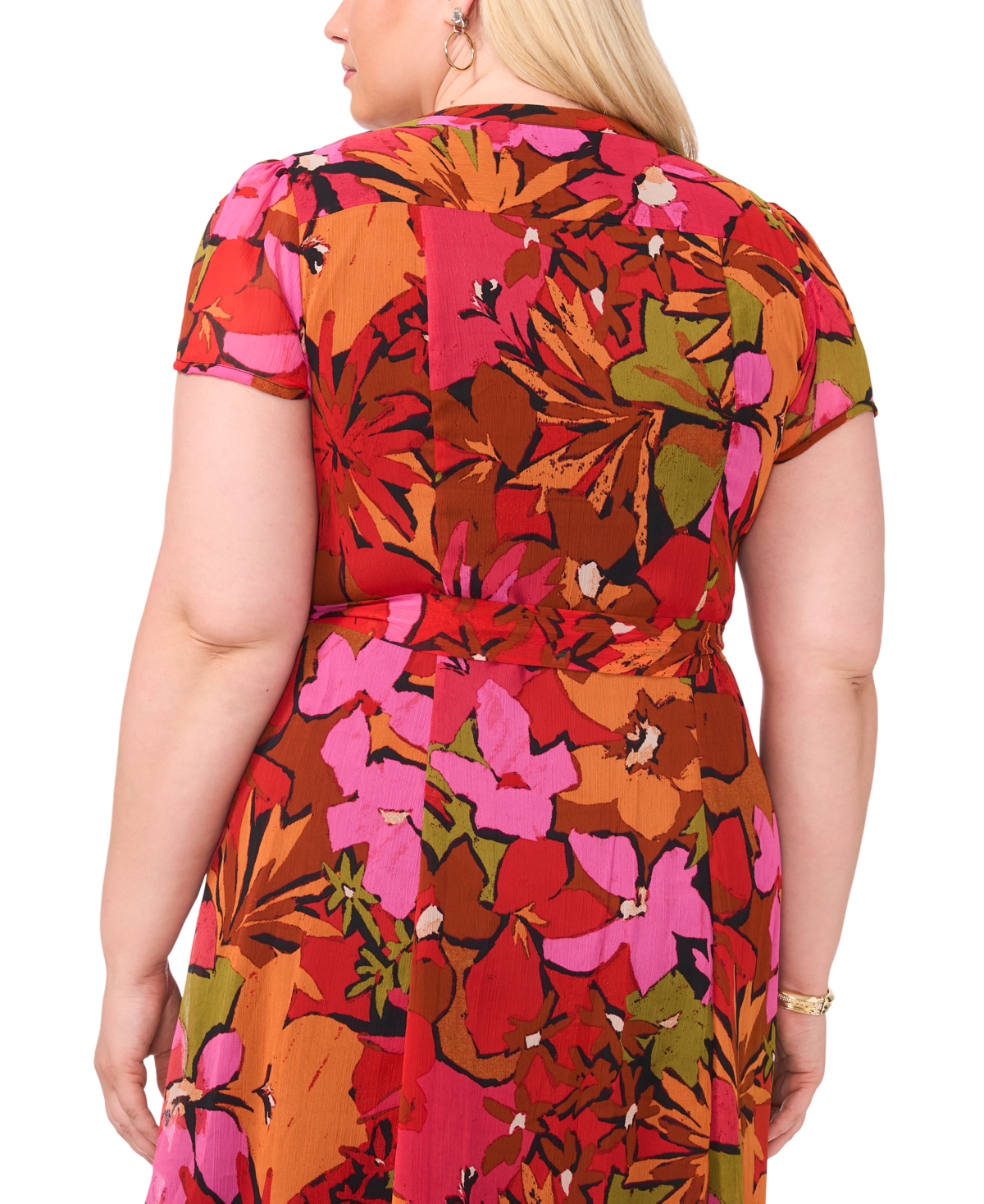 Msk Plus Size Printed Split-Neck Pintuck Cap-Sleeve Dress - Black 001