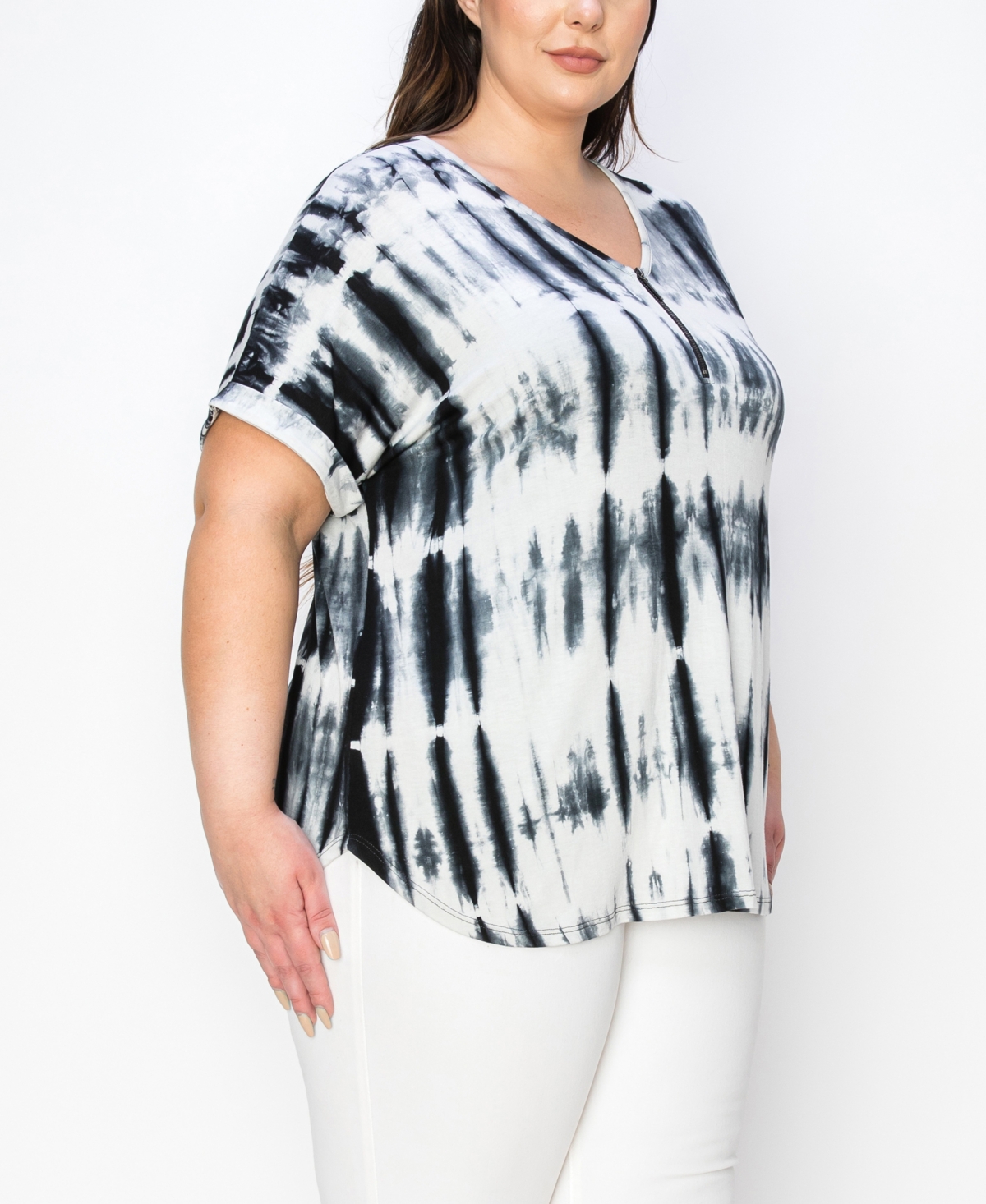Coin 1804 Plus Size Tie Dye V-Neck Dolman Roll Sleeve Top -Black