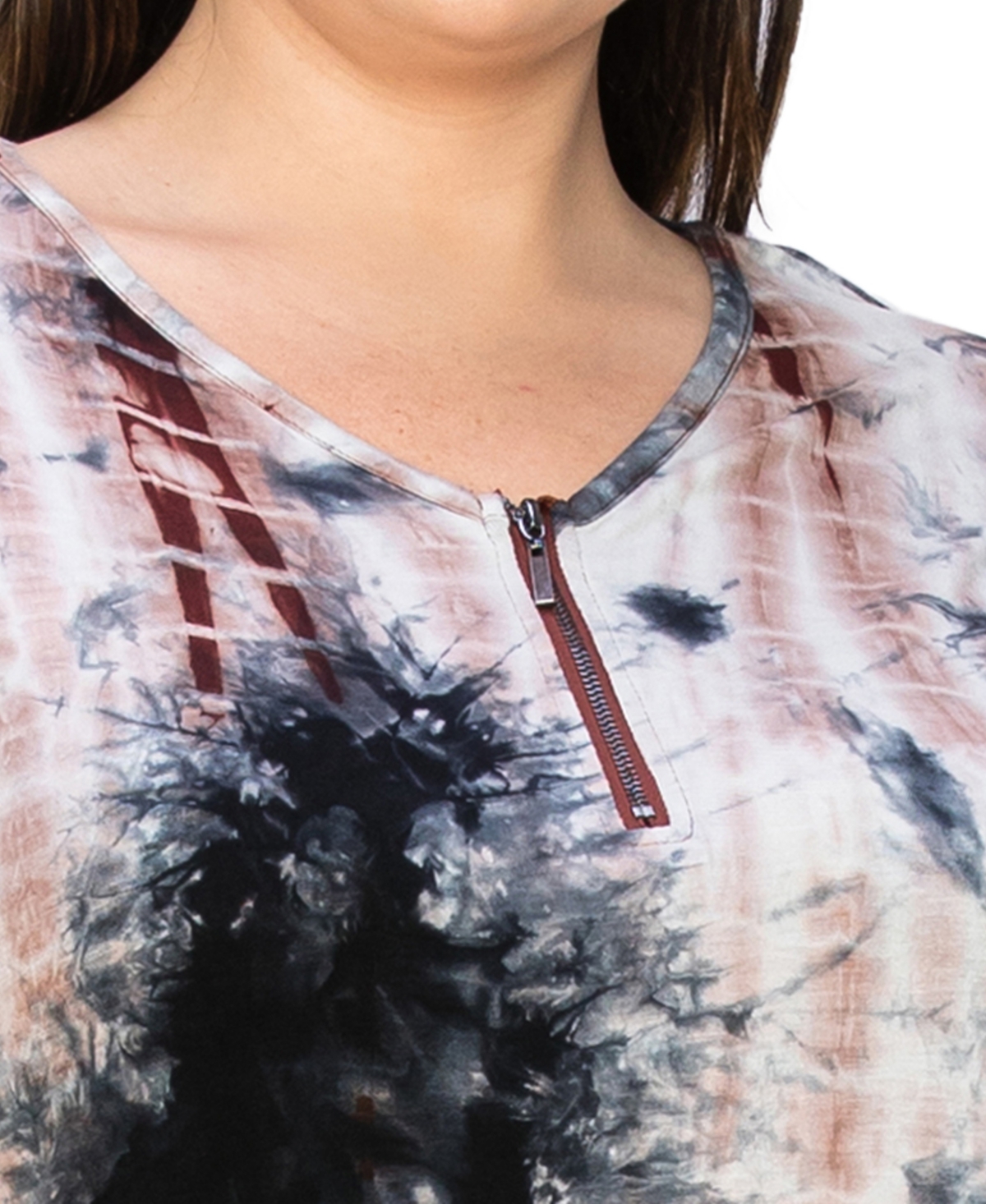 Coin 1804 Plus Size Tie Dye V-Neck Dolman Roll Sleeve Top -Rust