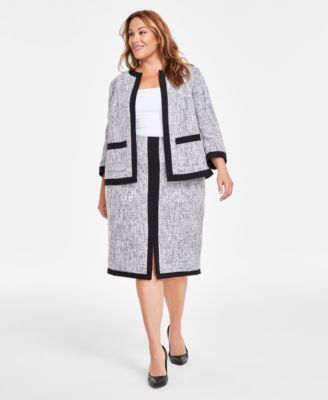 Plus Size Framed Tweed Open Front Jacket Front Slit Colorblocked Pencil Skirt