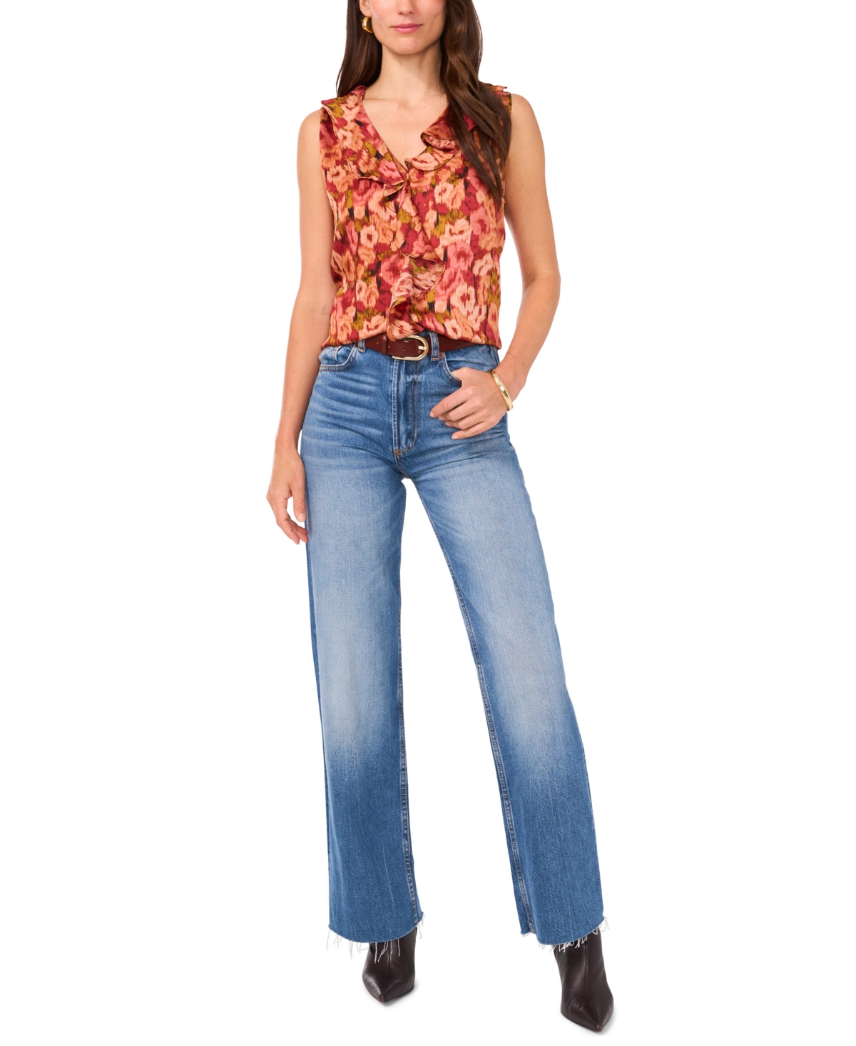 Vince Camuto Women's Floral-Print Ruffled-Neck Top
