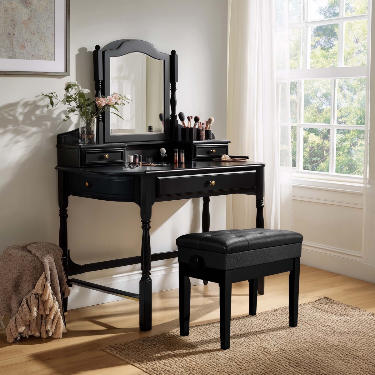 Yescom Piano Bench Pu Leather Storage Adjustable Height Padded Seat Keyboard- Black