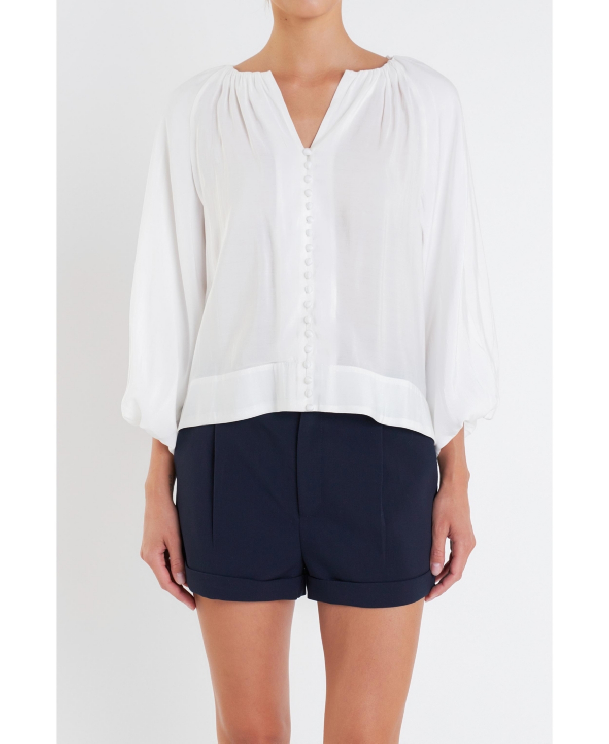 Women's Shirringed Puff Sleeves Top - Off white