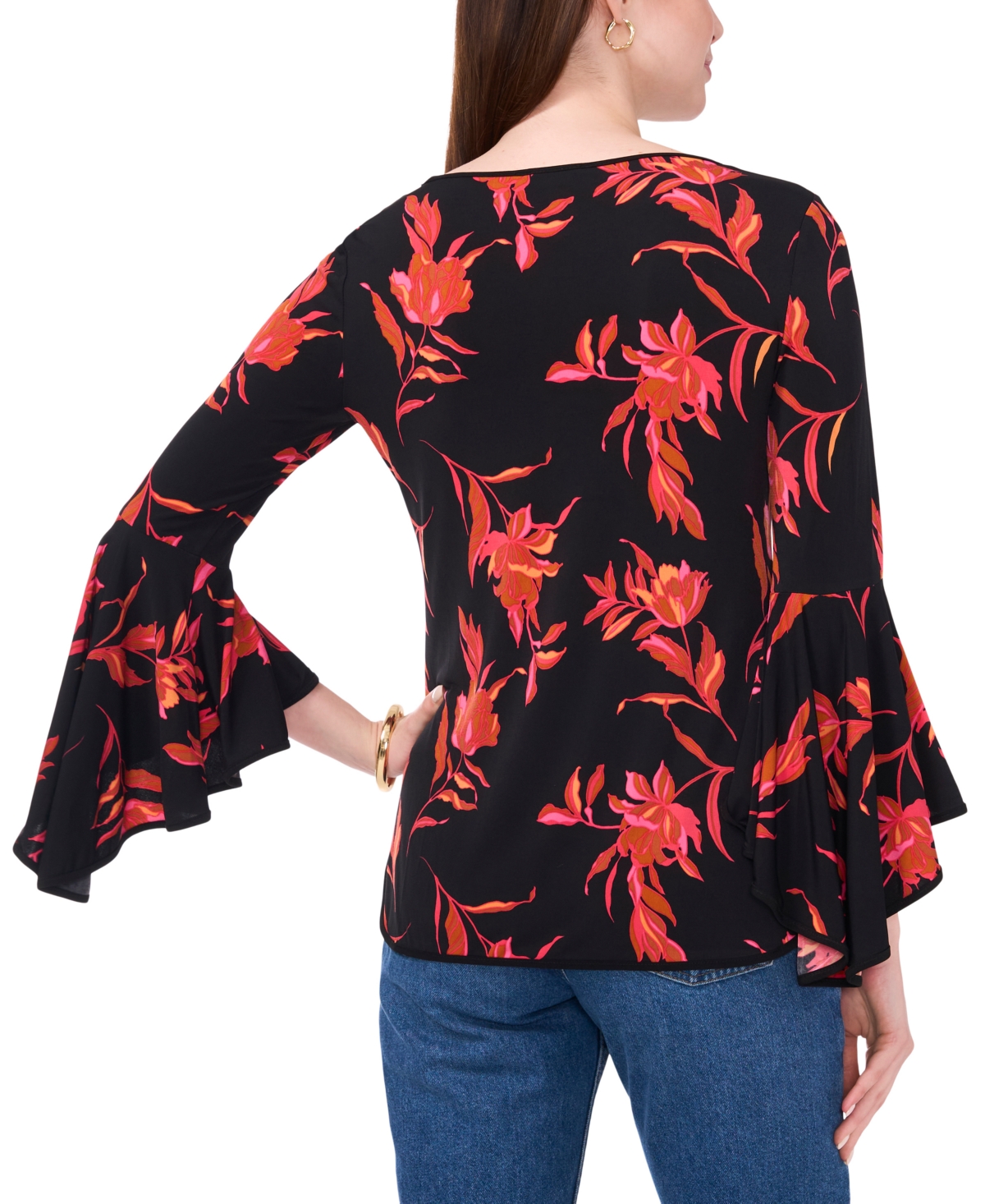 Sam & Jess Petite Floral-Print Bell-Sleeve Top -Red