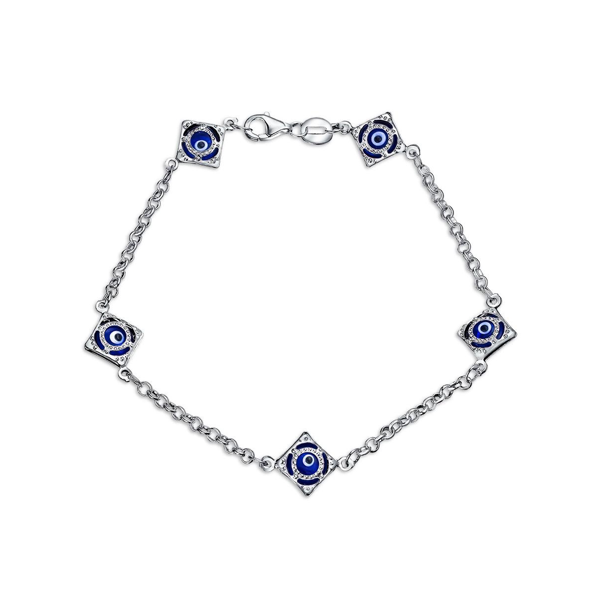Turkish Navy Spiritual Protection Amulet Evil Eye Blue Evil Eye Charm Link Bracelet For Women Teens .925 Sterling Silver 7.5 Inch - Navy