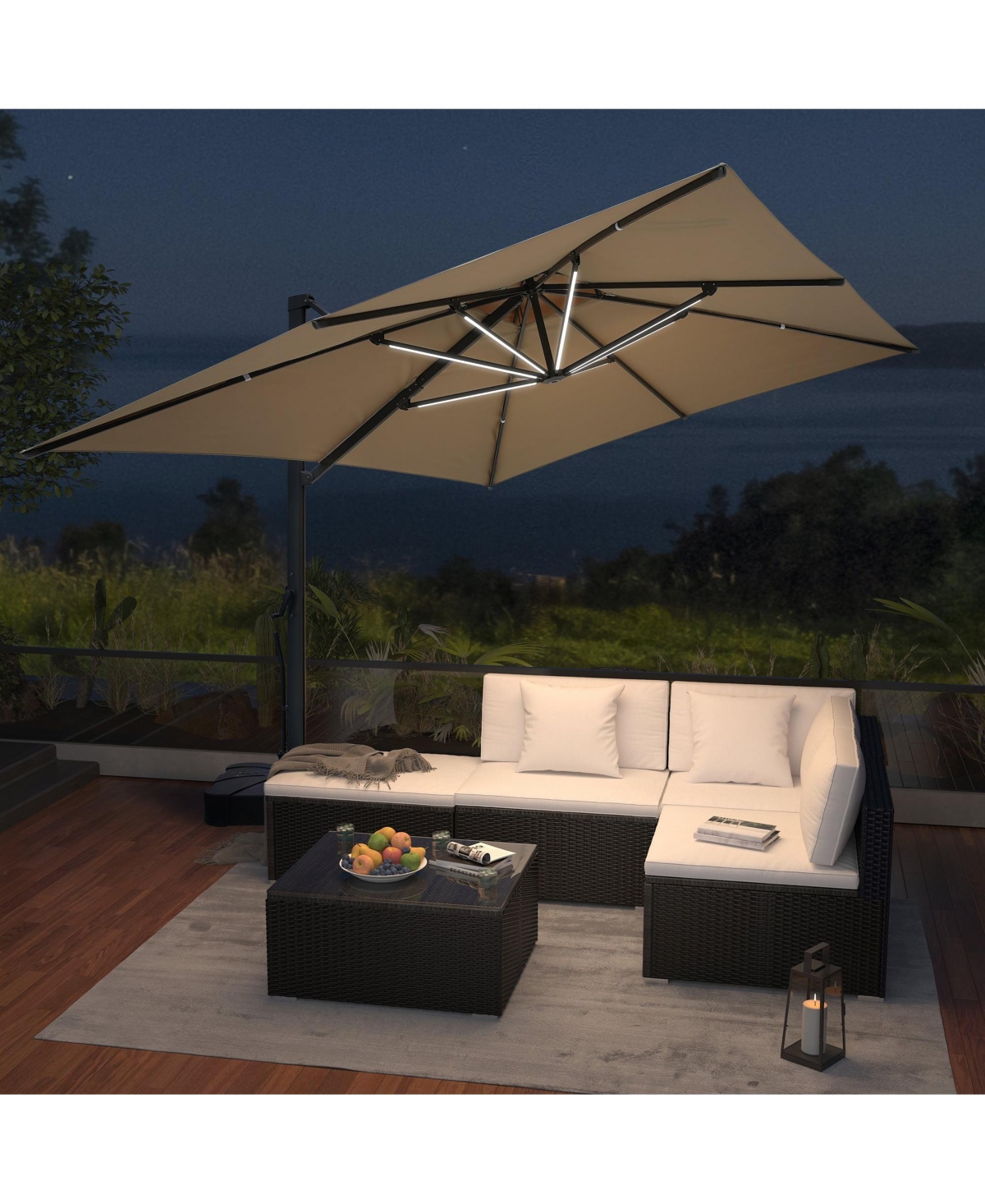 Mondawe Patio Double Top Bright Umbrella Removable Led With Base Stand Included, Grey -khaki