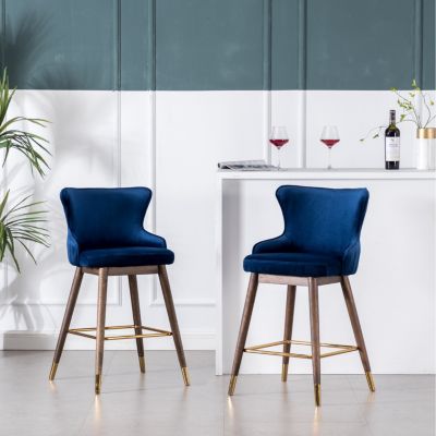 Fabric Upholstered Counter Height Wingback Stools, Set of 2, Blue