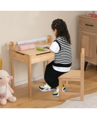 Toddler Multifunctional Activity Table and Chair Set with Paper Roll Holder-Natural