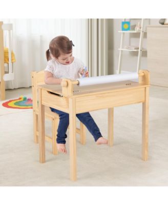 Toddler Multifunctional Activity Table and Chair Set with Paper Roll Holder-Natural