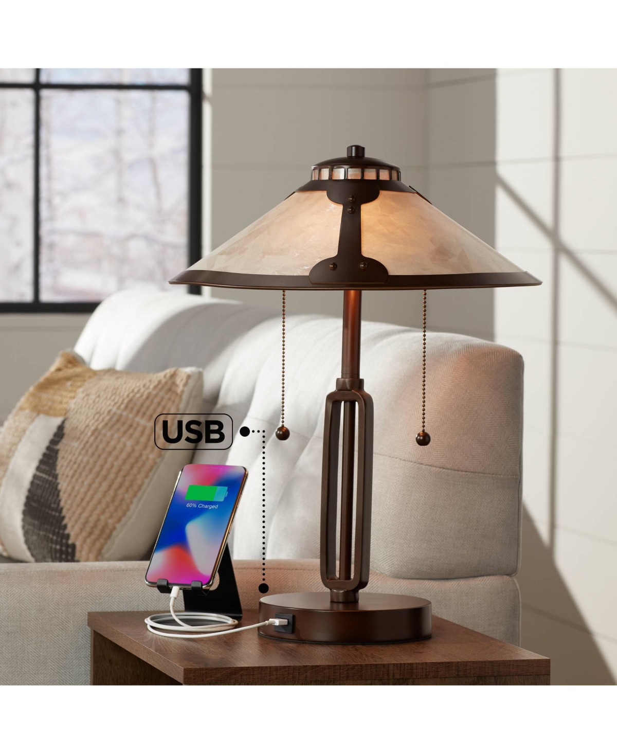 Franklin Iron Works Samuel Industrial Desk Lamp 20" High Rubbed Bronze with Usb Charging Port Natural Mica Shade for Bedroom Living Room Bedside