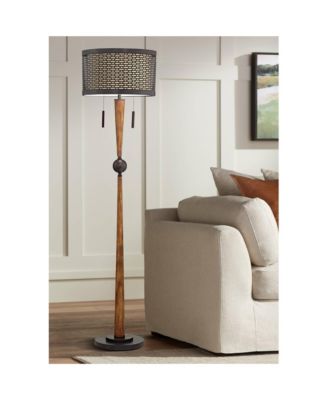 Modern Mid Century Farmhouse Rustic Floor Lamp 64" Tall Bronze Cherry Wood Metal Cream Double Drum Shade for Living Room Reading