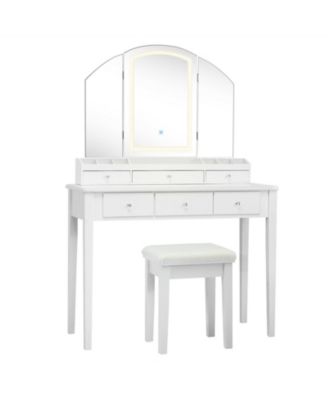 Vanity Table Stool Set with Large Tri-folding Lighted Mirror
