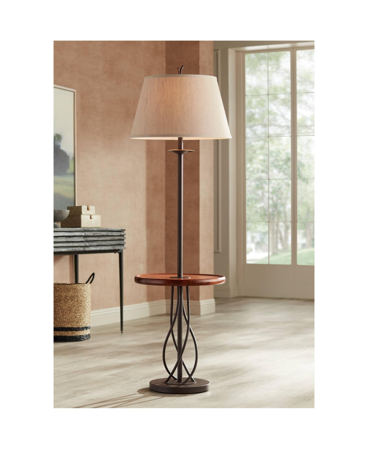 Franklin Iron Works Rustic Farmhouse Country Cottage Floor Lamp with Tray End Table Tall Wood Twisted Iron BaseLinen Fabric Tapered Drum