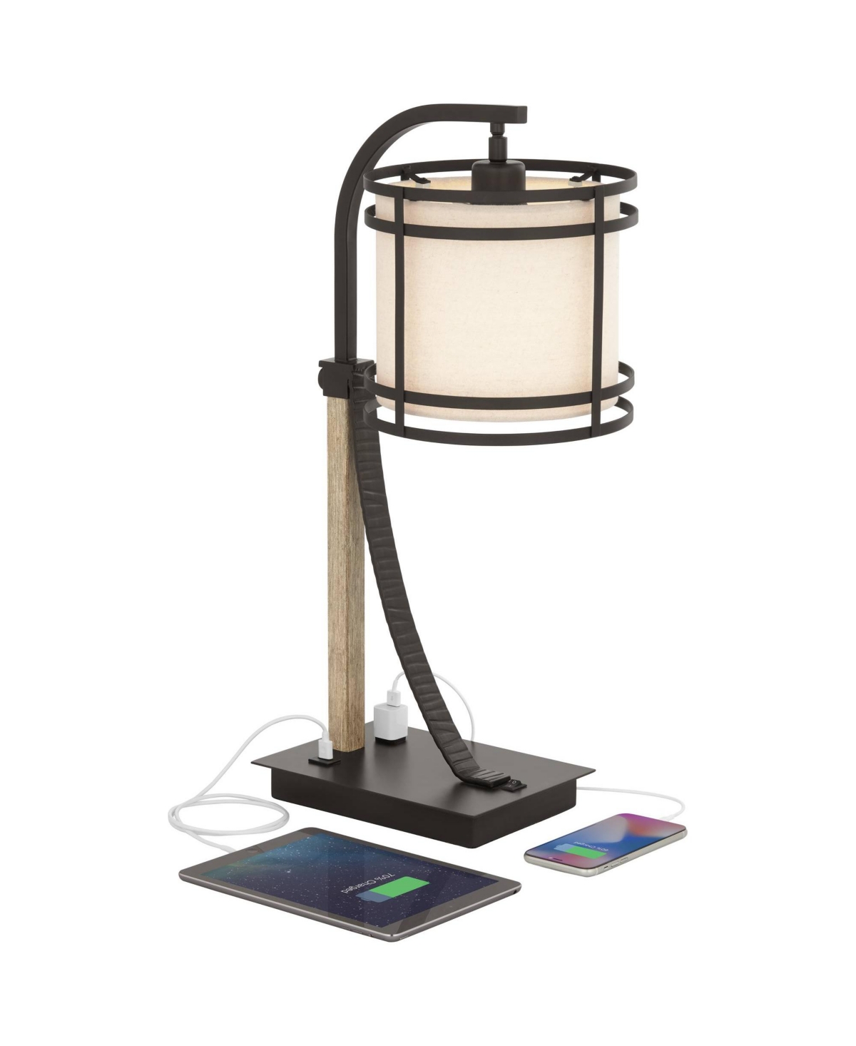 Franklin Iron Works Gentry Industrial Desk Table Lamp High with Usb and Ac Power Outlet in Base Oil Rubbed Bronze Faux Wood Metal Cage Oatmeal Dru