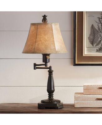 Traditional Accent Table Lamp Swing Arm 22.5" High Bronze Metal Faux Leather Bell Leather Shade for Living Room Family Bedroom