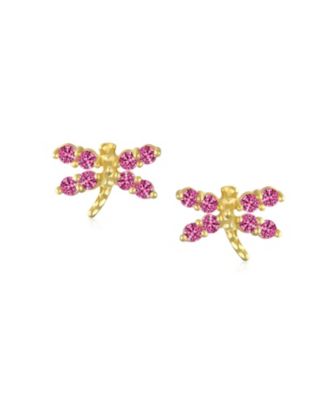 Tiny CZ Dragonfly Firefly Butterfly Stud Earrings 14K Yellow Gold Screw back