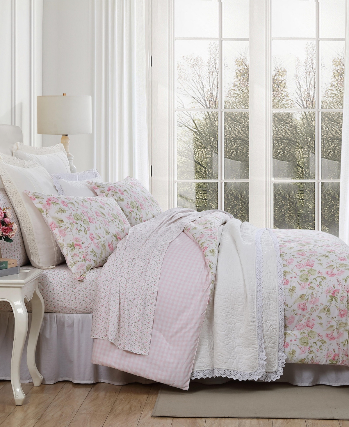 Laura Ashley Morning Gloria Reversible 3 Piece Comforter Set, Full/queen In Pretty Pink,green